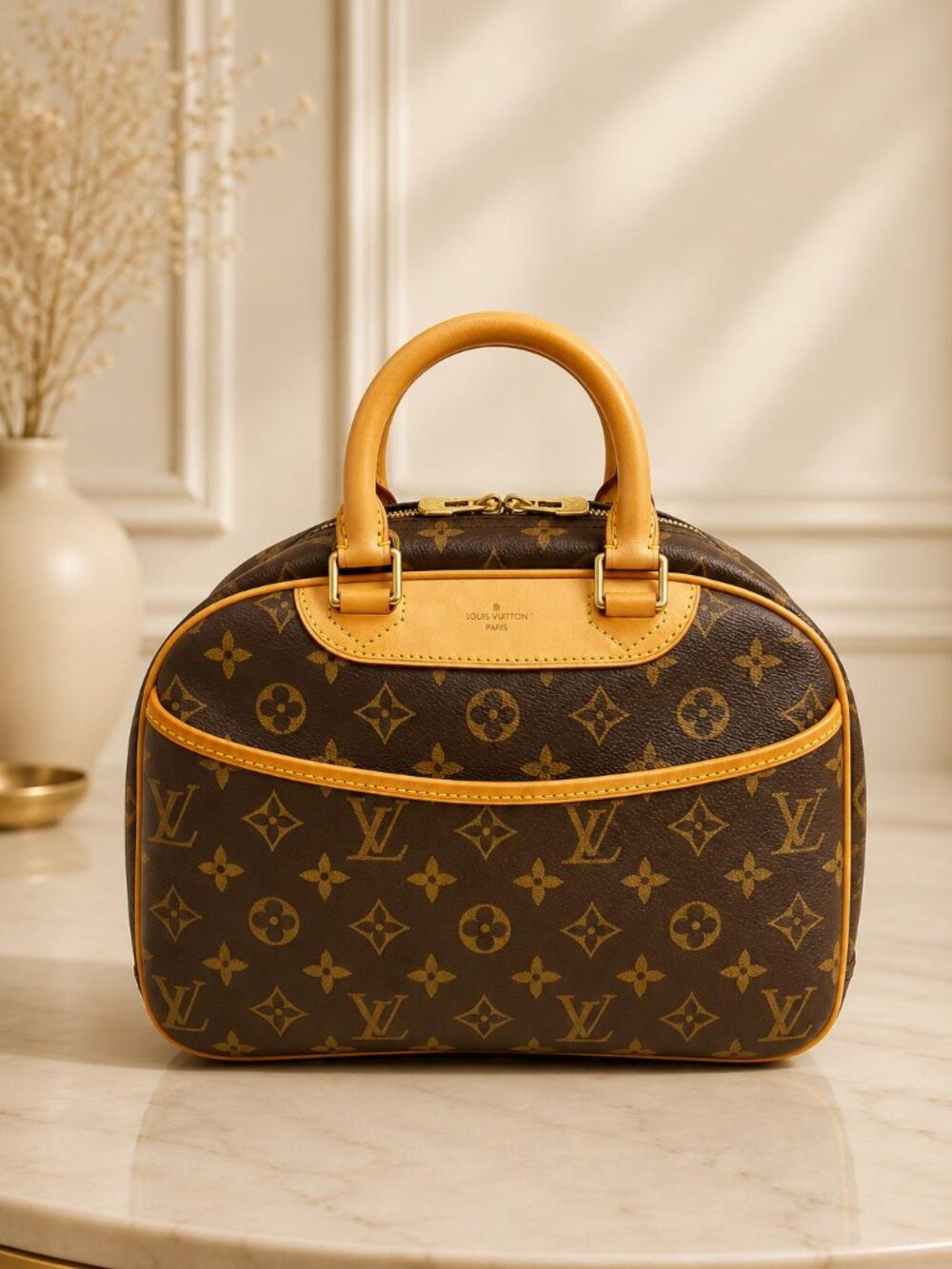 Authentic Louis Vuitton Trouville Monogram Canvas Handbag Brown LV Satchel Bag